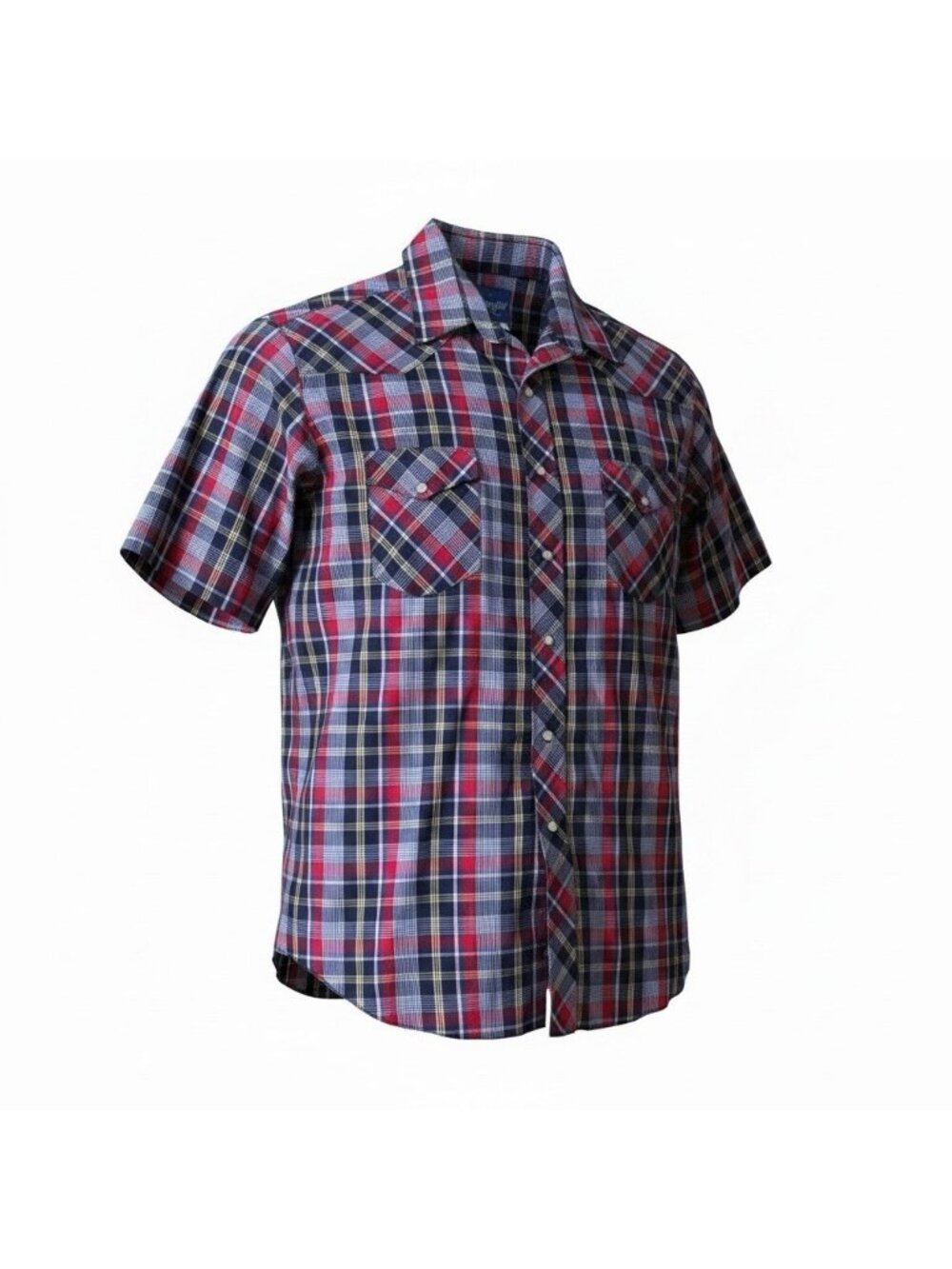 Vtg Wrangler Western Shirt Pearl Snap Short Sleeve Blue Red Yellow Men’s Large